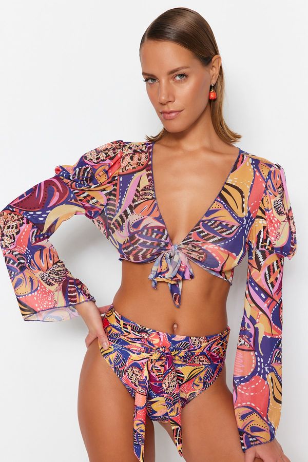 Trendyol Trendyol Abstract Patterned Crop Woven Tie-Up Blouse