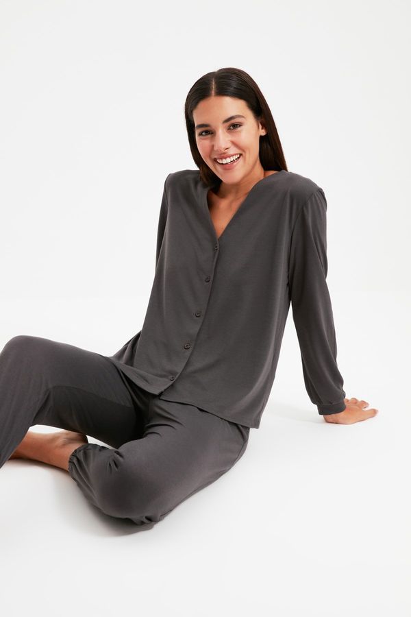 Trendyol Trendyol Anthracite 100% Cotton Shirt-Jogger Knitted Pajama Set