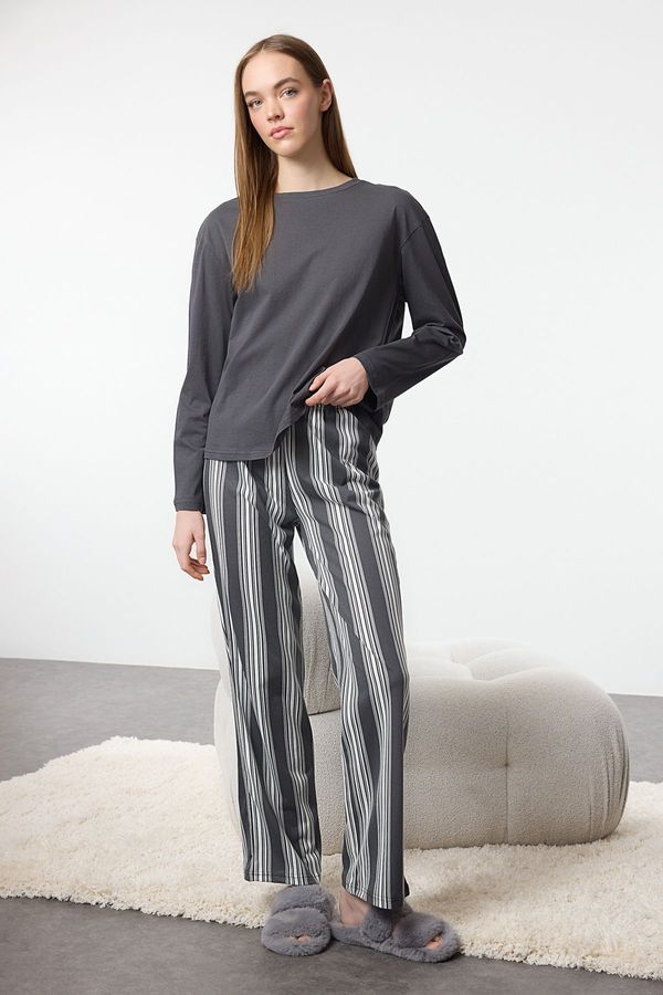 Trendyol Trendyol Anthracite 100% Cotton Striped Knitted Pajama Set