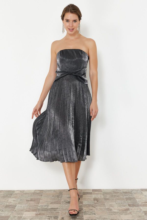 Trendyol Trendyol Anthracite A-Cut Pleated Shiny Woven Elegant Evening Dress