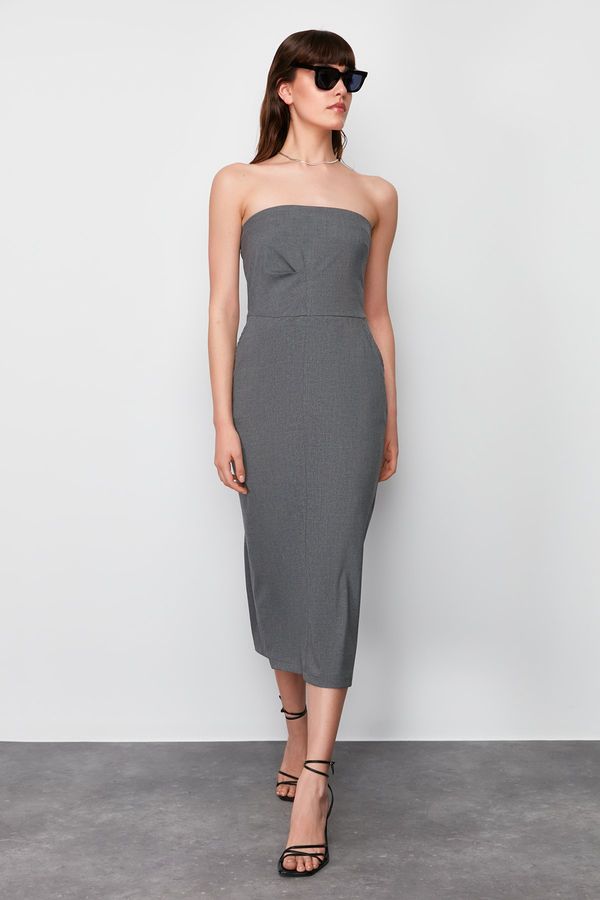 Trendyol Trendyol Anthracite A-Line Pocket Detailed Strapless Collar Polyviscon Midi Woven Dress