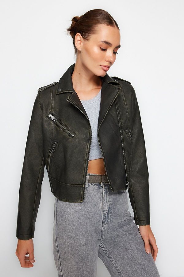 Trendyol Trendyol Anthracite Aged Detailed Faux Leather Biker Jacket Coat