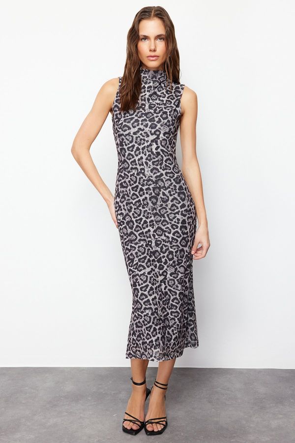 Trendyol Trendyol Anthracite Animal/Leopard Special Textured High Collar Zero Sleeve Flexible Knitted Midi Pencil Dress