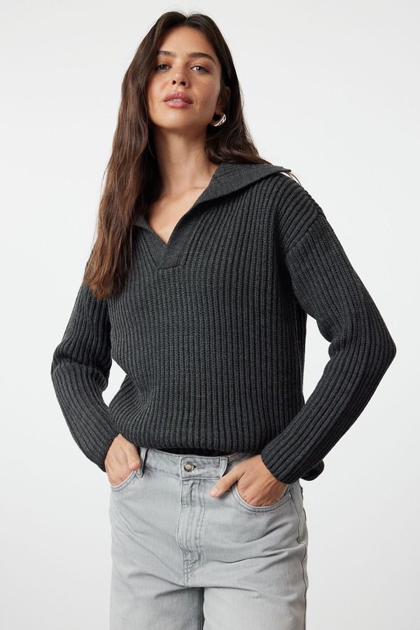 Trendyol Trendyol Anthracite Basic Turn-down Collar Knitwear Sweater