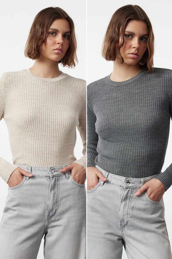 Trendyol Trendyol Anthracite-Beige Double Pack Knitwear Sweater