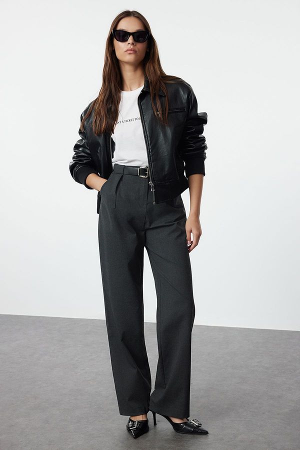 Trendyol Trendyol Anthracite Belted Straight Cut Woven Trousers