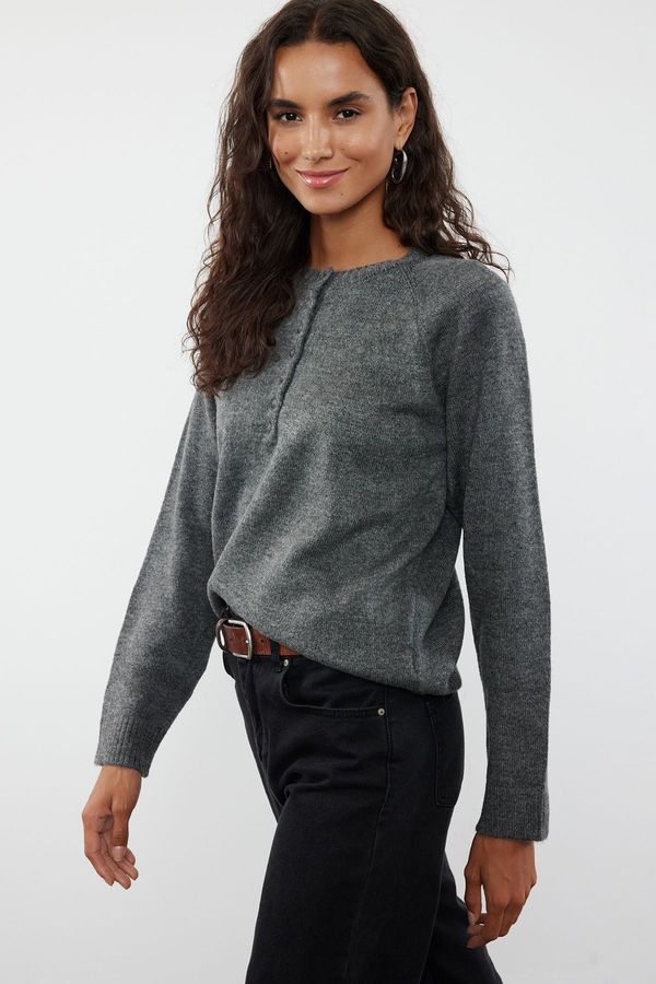 Trendyol Trendyol Anthracite Button Detailed Knitwear Sweater