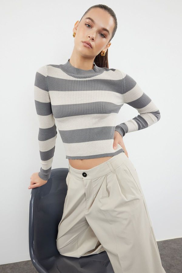 Trendyol Trendyol Anthracite Crop Cotton Striped Knitwear Sweater