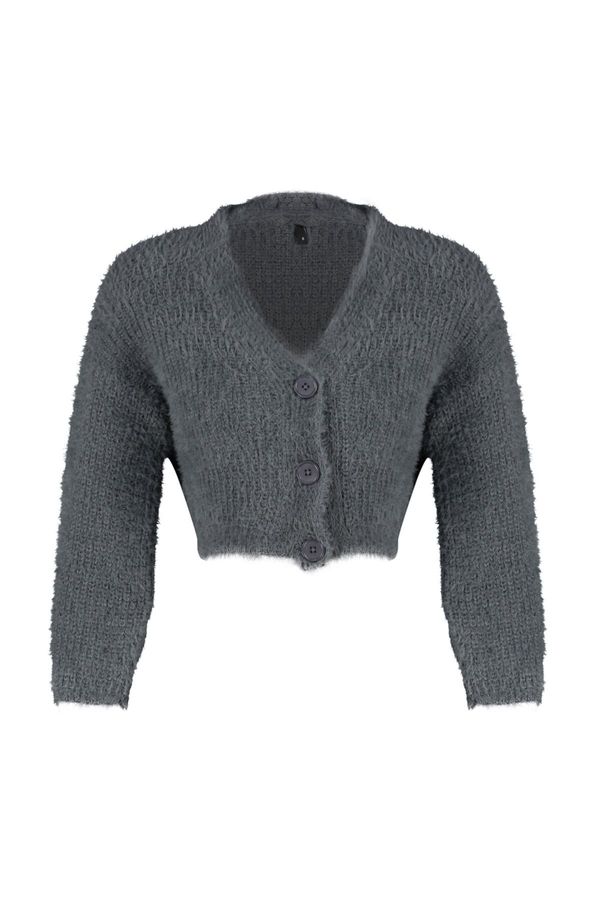 Trendyol Trendyol Anthracite Crop Shaggy Knitwear Cardigan