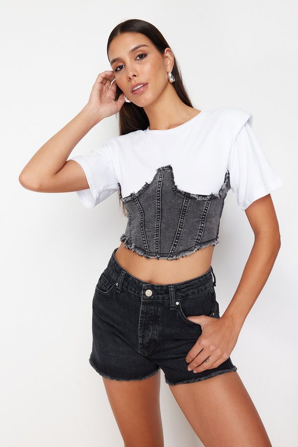 Trendyol Trendyol Anthracite Denim Detailed Crop Padded Knitted Blouse