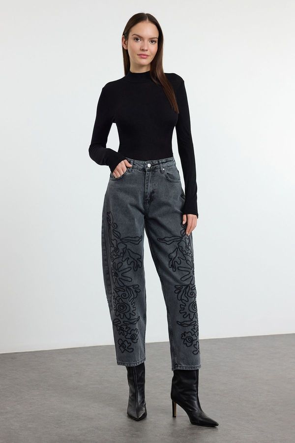 Trendyol Trendyol Anthracite Embroidered High Waist Balloon Jeans