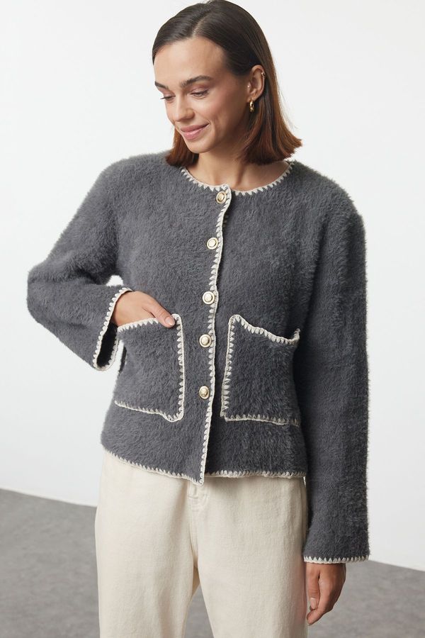 Trendyol Trendyol Anthracite Fluffy Soft Texture Coat-Looking Knitwear Cardigan