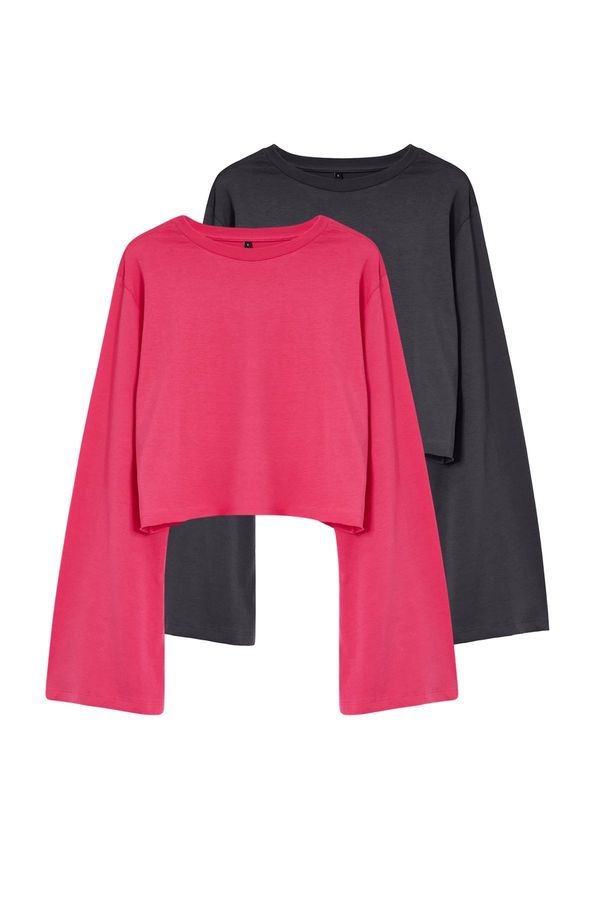 Trendyol Trendyol Anthracite-Fuchsia 2 Pack 100% Cotton Spanish Sleeve Knitted T-Shirt