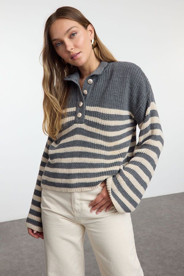 Trendyol Trendyol Anthracite Ganesh Pattern Crew Neck Striped Knitwear Sweater