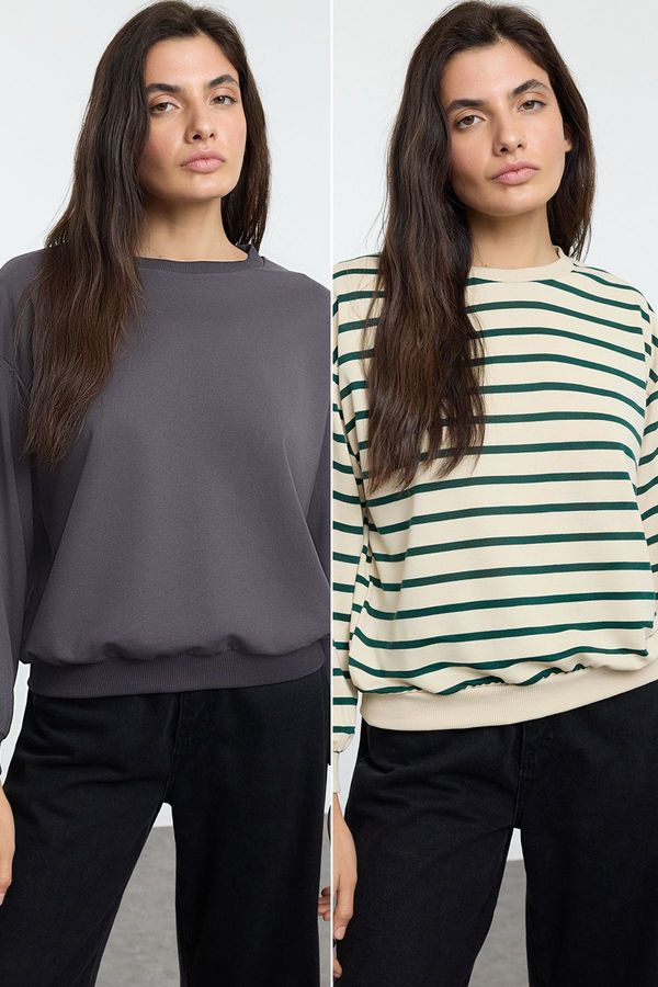 Trendyol Trendyol Anthracite-Green Striped 2-Pack Regular/Normal Pattern Knitted Sweatshirt