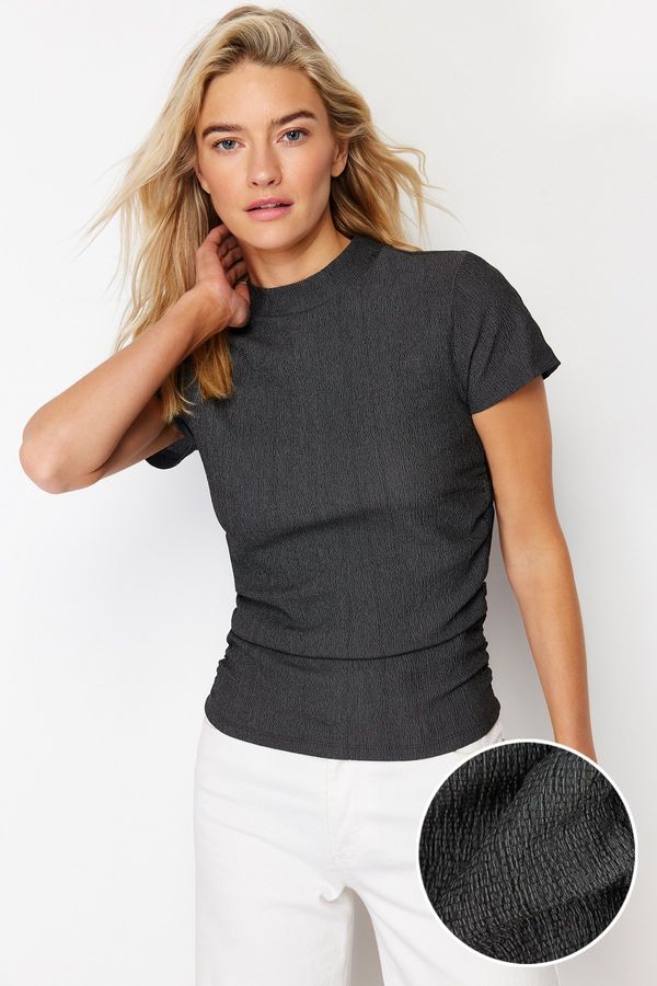 Trendyol Trendyol Anthracite High Neck Short Sleeve Gathered Detail Elastic Knitted Blouse