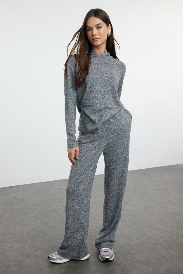 Trendyol Trendyol Anthracite Hooded Soft Stretchy Knitted Blouse and Trousers Top and Bottom Set