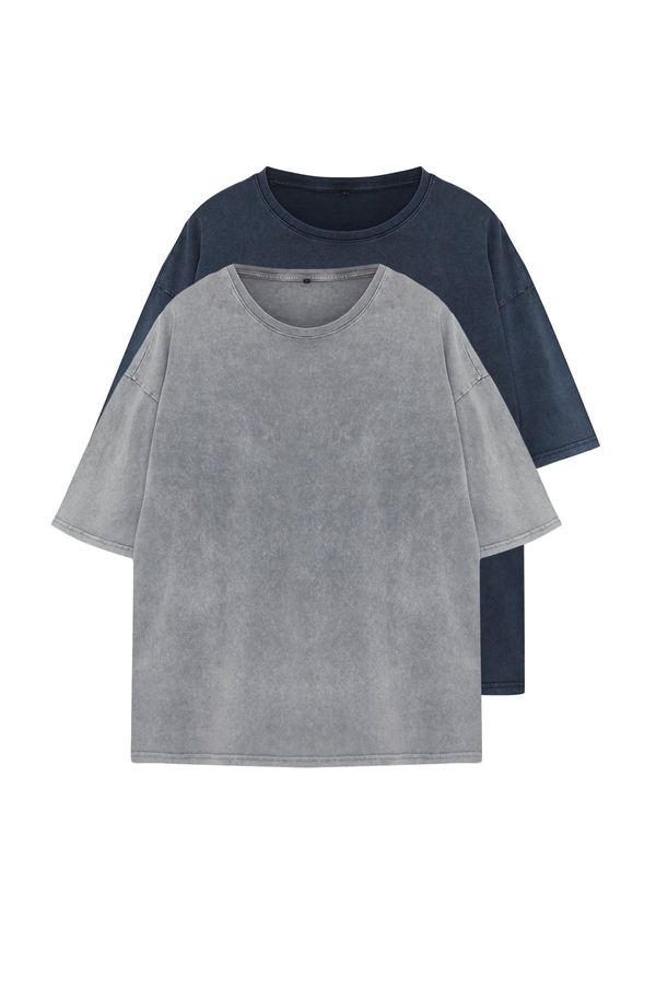 Trendyol Trendyol Anthracite-Indigo Aged/Faded Effect 2-Pack Tshirt