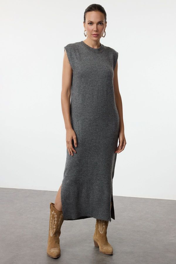 Trendyol Trendyol Anthracite Maxi Knitwear Soft Texture Slit Detailed Vest Dress