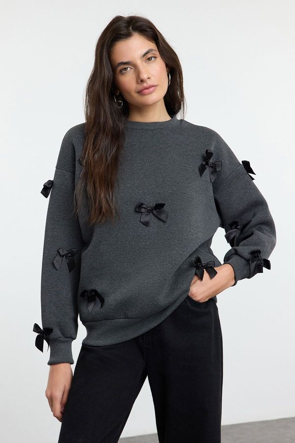 Trendyol Trendyol Anthracite Melange Ribbon Detailed Oversize/Wide Pattern Thick Knitted Sweatshirt