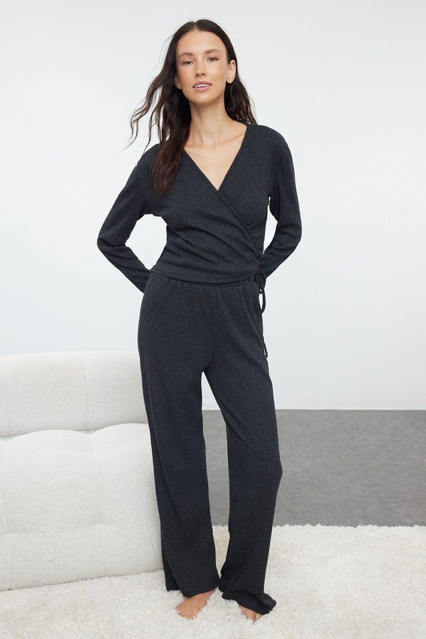 Trendyol Trendyol Anthracite Melange Tie Detailed Ribbed Knitted Pajama Set