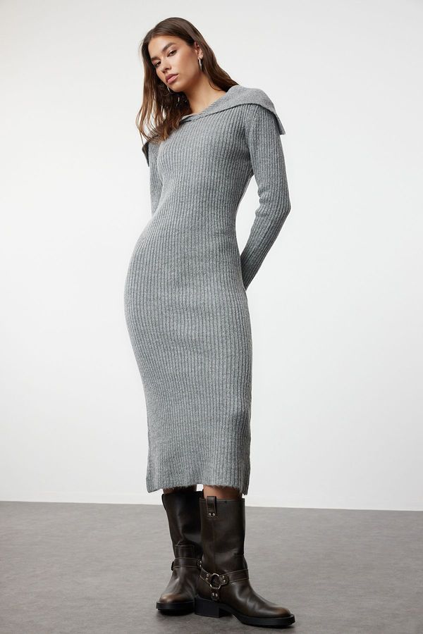 Trendyol Trendyol Anthracite Midi Knit Soft Texture Turn-down Collar Dress