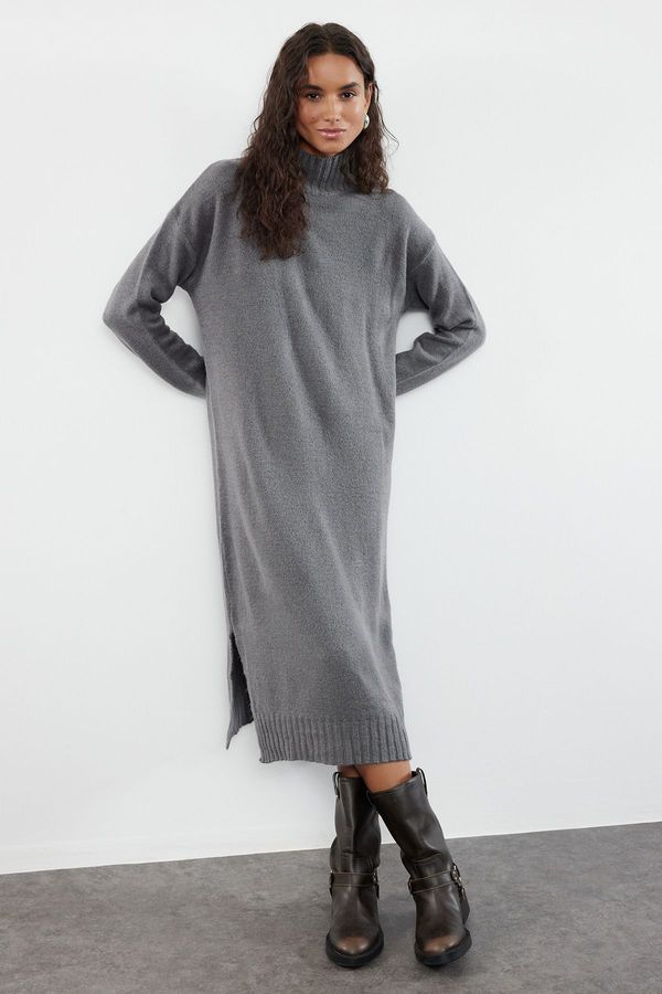 Trendyol Trendyol Anthracite Midi Knit Wide Pattern Soft Texture Dress