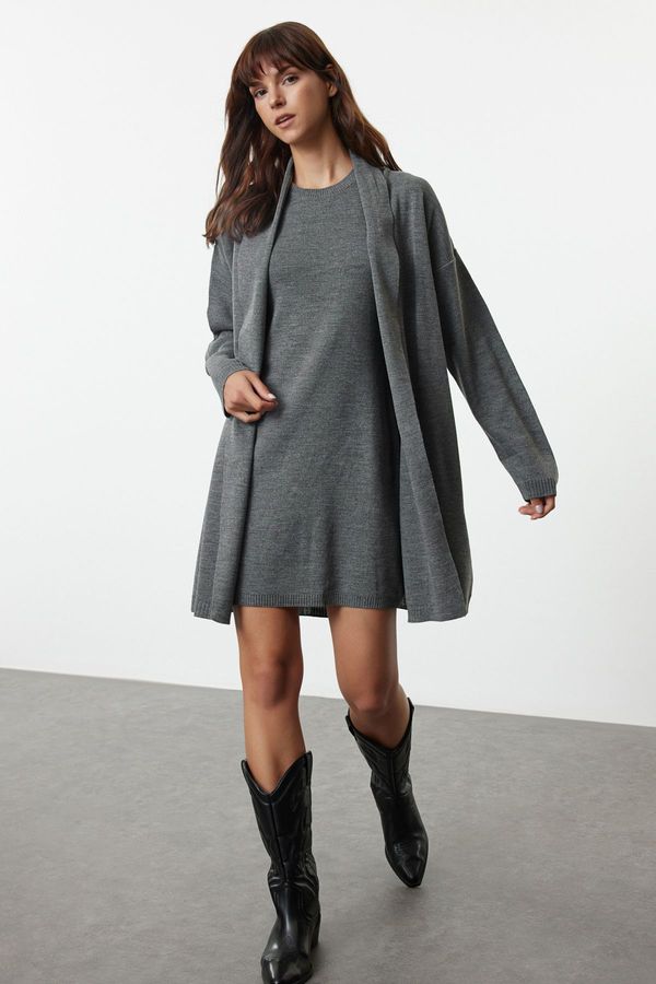 Trendyol Trendyol Anthracite Mini Knitted Cardigan-Dress Set