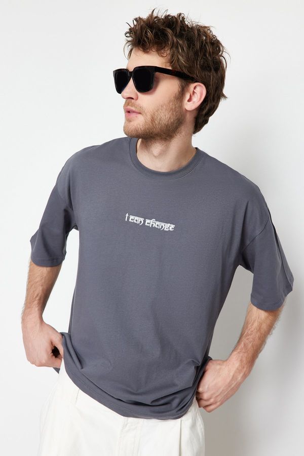 Trendyol Trendyol Anthracite Oversize Text Printed 100% Cotton T-Shirt