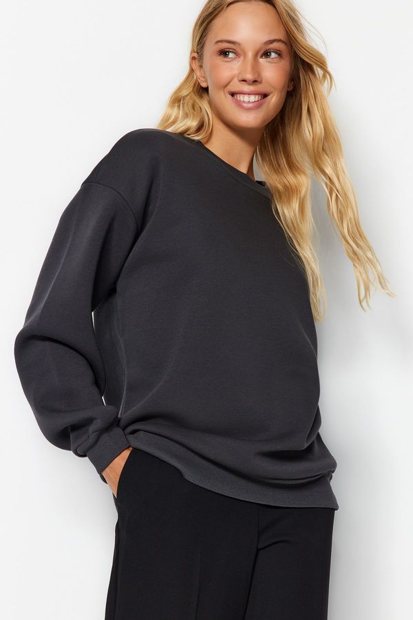 Trendyol Trendyol Anthracite Oversize/Relaxed Fit Basic Crew Neck Thick/Polar inside Knitted Sweatshirt