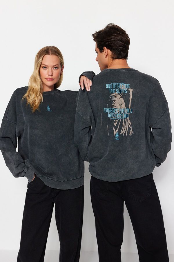 Trendyol Trendyol Anthracite Oversize/Wide Cut 100% Cotton Faded Effect Mystical Themed Sweatshirt