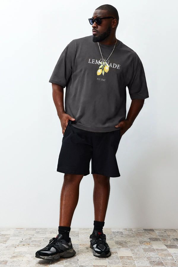 Trendyol Trendyol Anthracite Oversize/Wide Cut Crew Neck Lemon Printed Plus Size T-Shirt