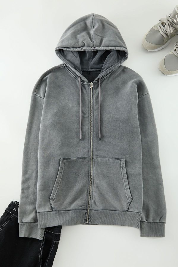 Trendyol Trendyol Anthracite Oversize/Wide Cut Hooded Vintage/Faded Effect Basic Zipper Cardigan/Sweatshirt