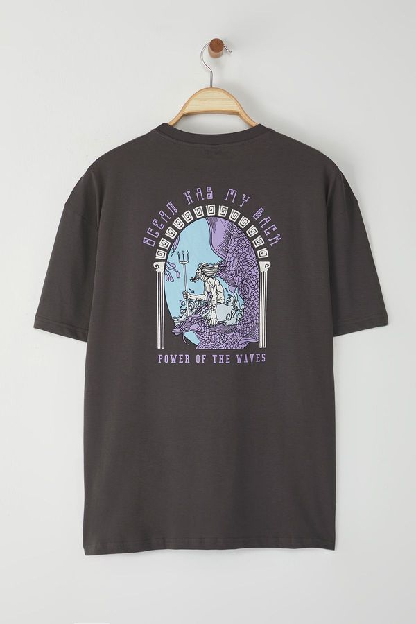 Trendyol Trendyol Anthracite Oversize/Wide Cut Short Sleeve Art Print 100% Cotton T-Shirt