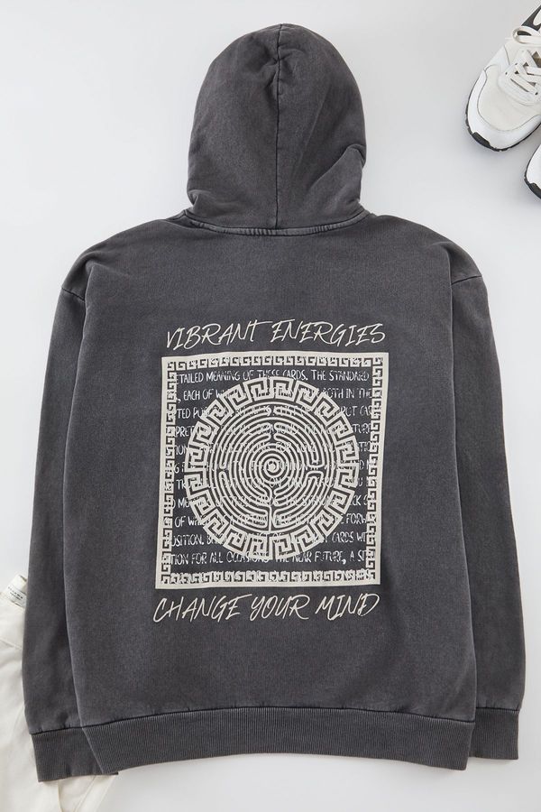 Trendyol Trendyol Anthracite Oversize/Wide Cut Text Back Printed Hooded Vintage/Faded Effect Sweatshirt