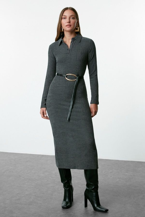 Trendyol Trendyol Anthracite Plain Polo Neck Bodycone/Fitting Textured Button Detailed Knitted Dress