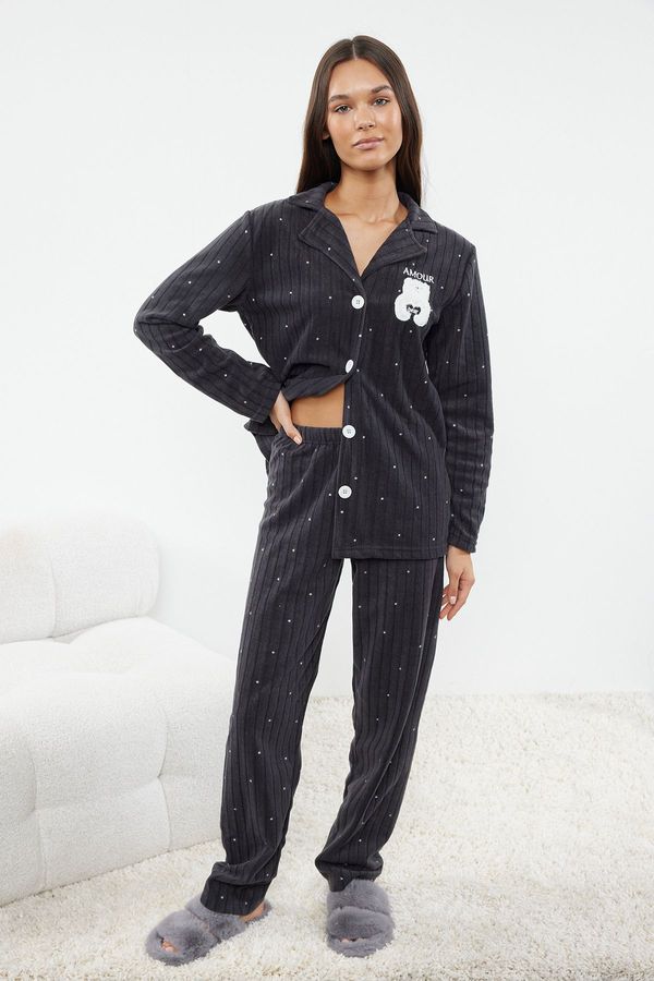 Trendyol Trendyol Anthracite Polka Dot Animal Printed Polar Fleece Winter Knitted Pajama Set