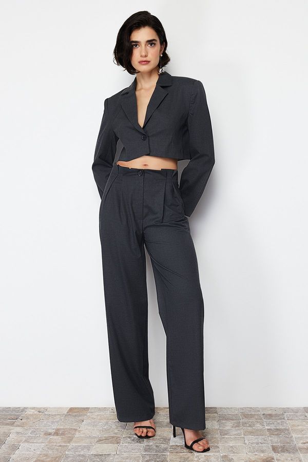 Trendyol Trendyol Anthracite Premium Wide Leg Slim Striped Polyviscose Woven Trousers