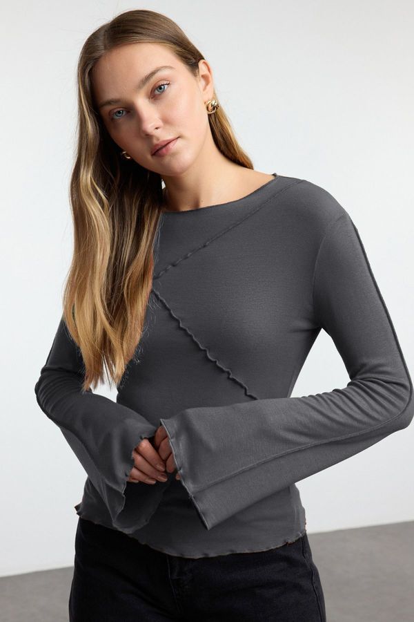 Trendyol Trendyol Anthracite Ribbed Detailed Fitted/Fits-Your-Body Spanish Sleeve Knitted Blouse