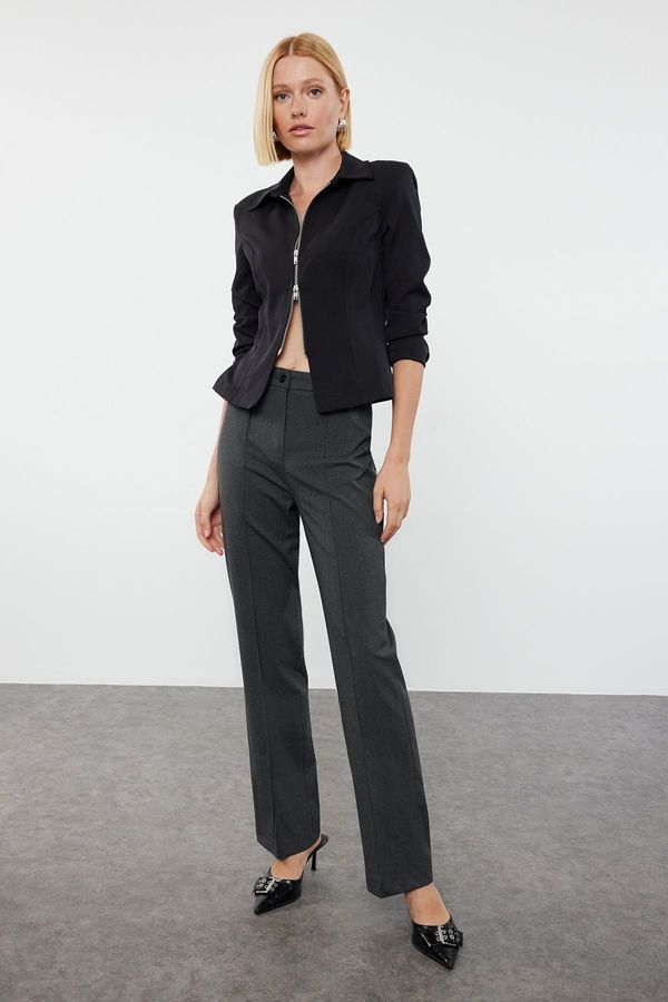 Trendyol Trendyol Anthracite Ribbed Detailed Straight Cut Woven Trousers