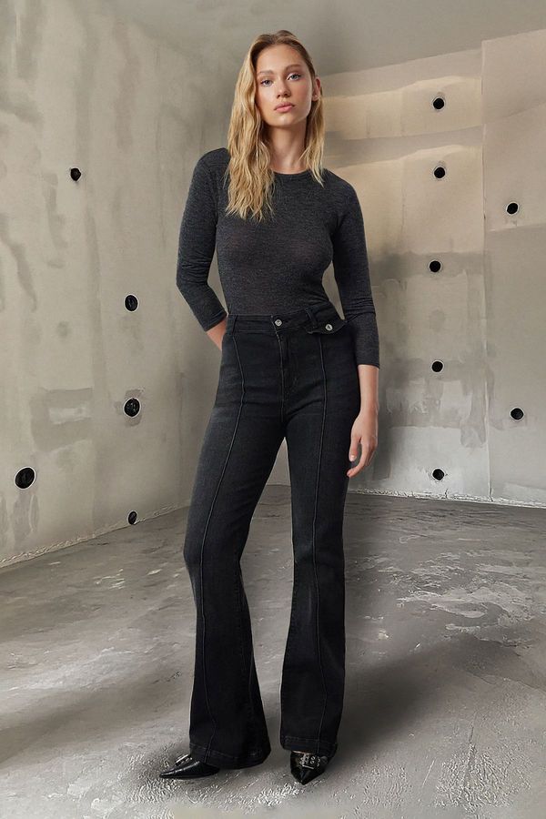 Trendyol Trendyol Anthracite Ribbed High Waist Lycra Flare Jeans