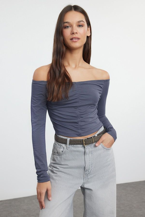 Trendyol Trendyol Anthracite Ruffle/Drape Detailed Carmen Collar Crop/Short Fitted/Closed Knitted Blouse