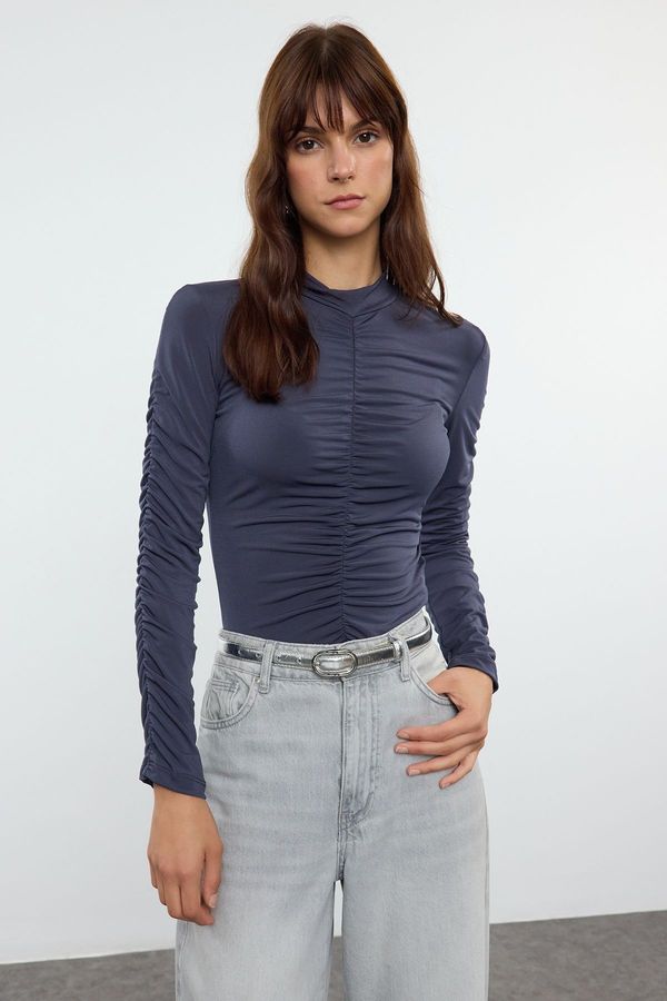 Trendyol Trendyol Anthracite Slim Stretch Knitted Bodysuit with Gather Detail and Snap Fasteners