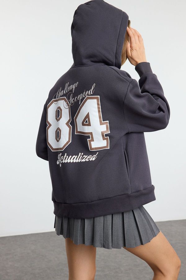 Trendyol Trendyol Anthracite Slogan and Back Printed Oversize Hooded Knitted Sweatshirt