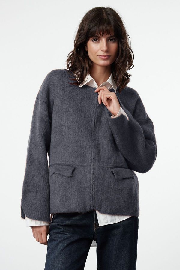 Trendyol Trendyol Anthracite Soft Texture Coat Knitwear Cardigan