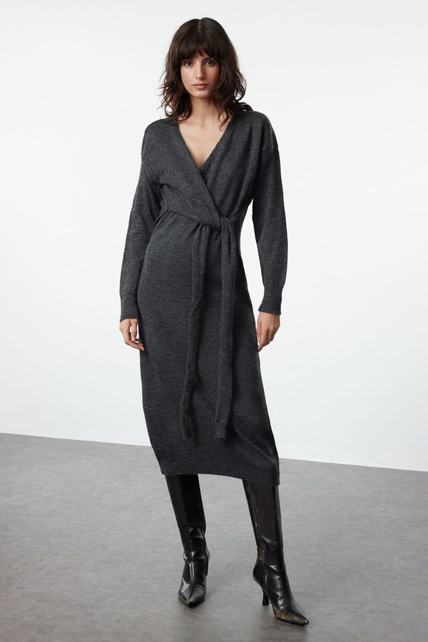 Trendyol Trendyol Anthracite Soft Texture Maxi Knit Double Breasted Collar Tie Dress