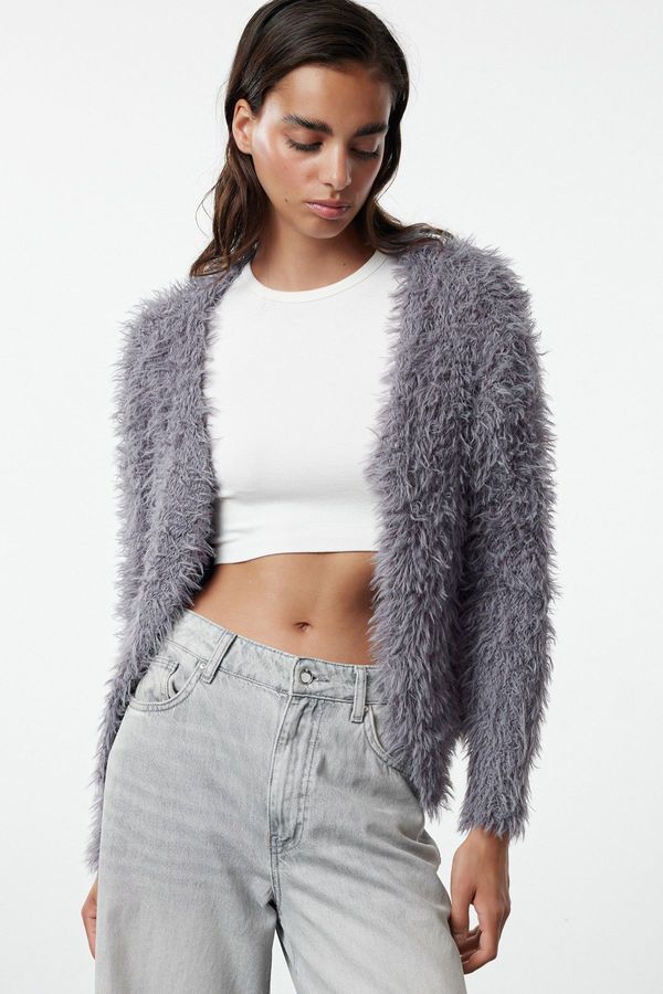 Trendyol Trendyol Anthracite Soft Textured Fluffy Knitwear Cardigan