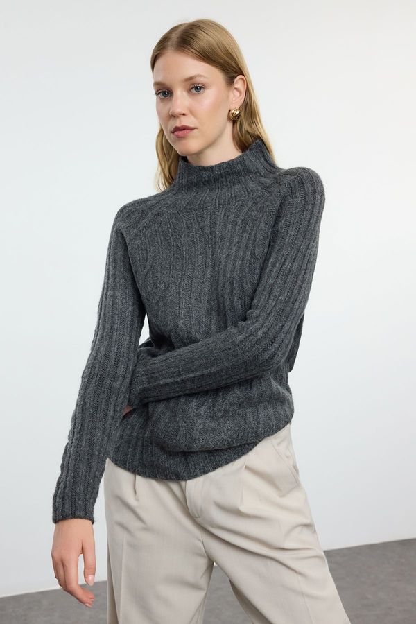 Trendyol Trendyol Anthracite Soft Textured Knit Detailed High Collar Knitwear Sweater