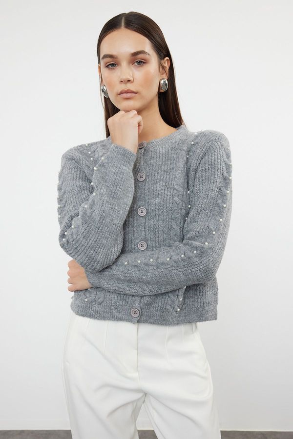 Trendyol Trendyol Anthracite Soft Textured Pearl Detailed Knitwear Cardigan