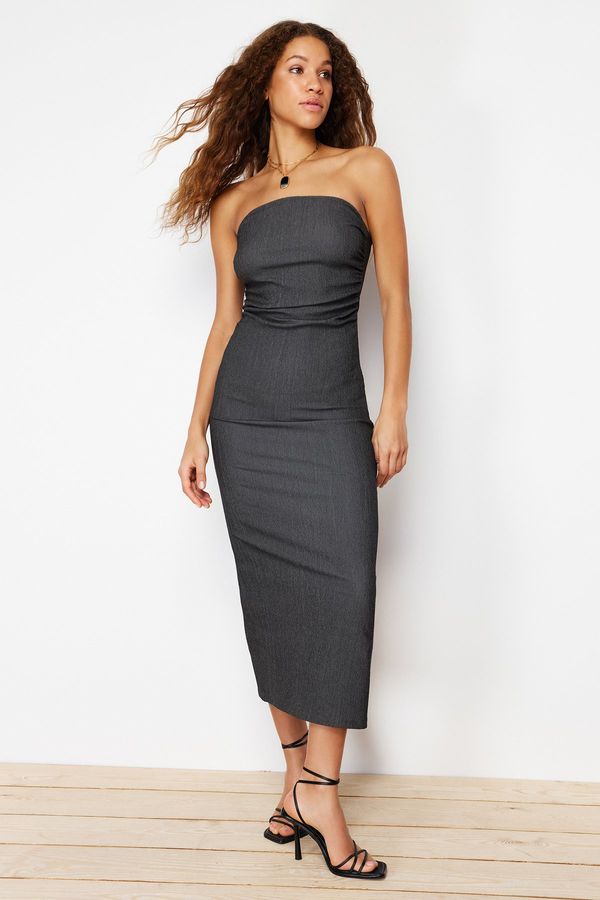 Trendyol Trendyol Anthracite Strapless Gathered Midi Flexible Knitted Midi Dress